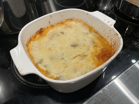 Baked moussaka-style shepherd's pie.